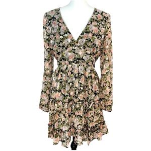 All In Favor Black Floral Jacquard Chiffon Mini Dress L Tiered Ruffle V-Neck NWT